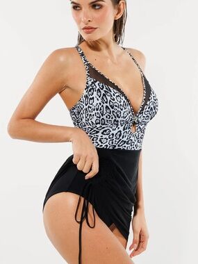 POPILUSH Sculpting Curve Mesh Skirt One-Piece Swimsuit